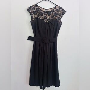 Adrianna Papell Size 4 Black Lace Overlay Pleated Fit & Flare Belted Midi Dress